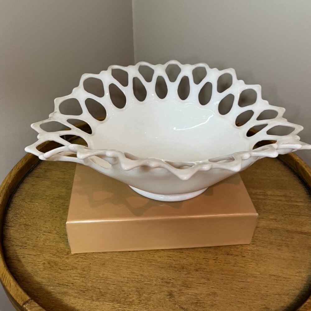Vintage large Westmoreland milk white glass oval Bowl in Doric open lace pattern